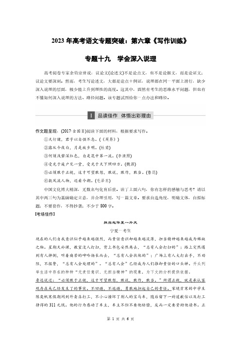 2023年高考语文专题突破：第六章《写作训练》专题十九：学会深入说理