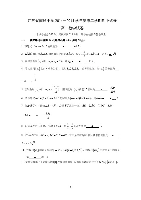 【数学】江苏省南通中学2014-2015学年高一下学期期中考试