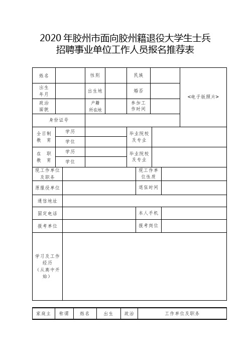 2020年胶州市面向胶州籍退役大学生士兵招聘事业单位工作人员报名推荐表【模板】