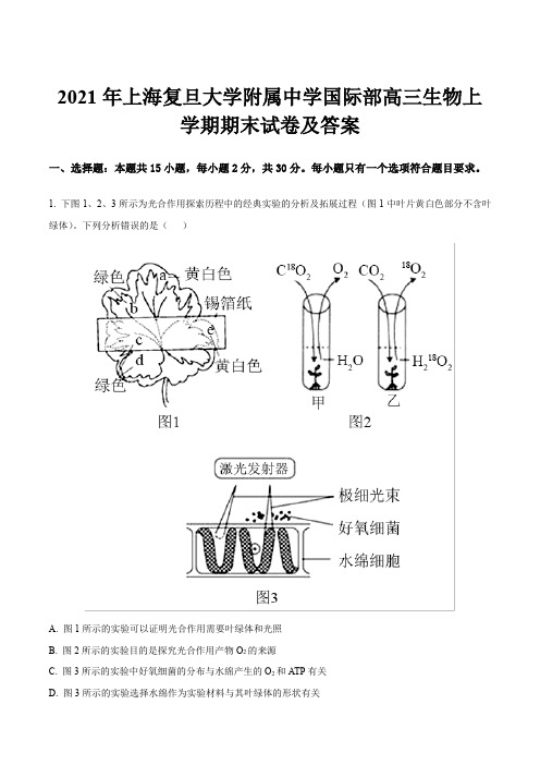 2021年上海复旦大学附属中学国际部高三生物上学期期末试卷及答案