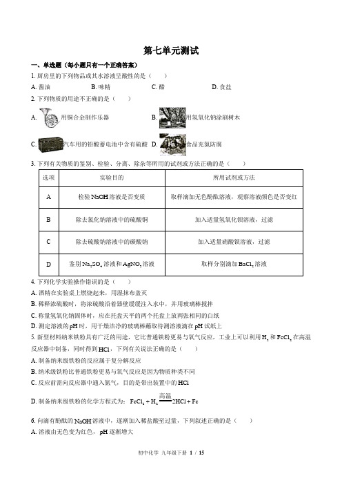 鲁教版化学九年级下册：第七单元测试(含答案)