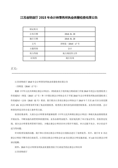 江苏省财政厅2015年会计师事务所执业质量检查结果公告-苏财监〔2016〕17号