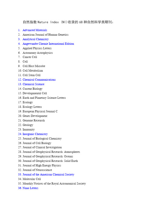 自然指数Nature Index 收录的68种自然科学类期刊