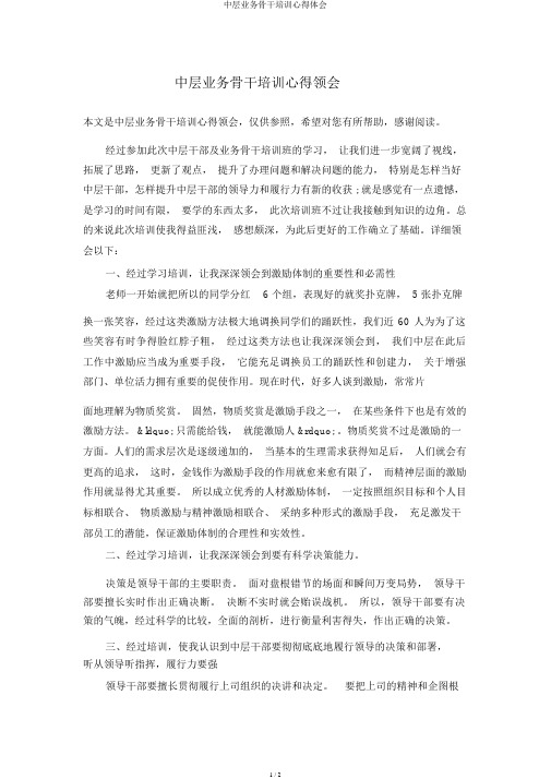 中层业务骨干培训心得体会