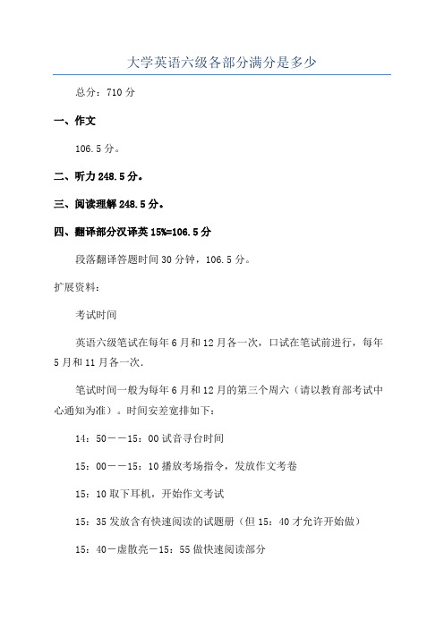 大学英语六级各部分满分是多少