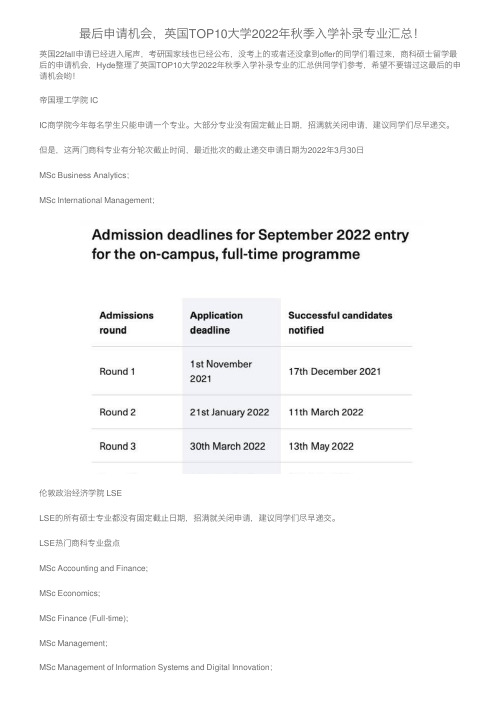 最后申请机会，英国TOP10大学2022年秋季入学补录专业汇总！