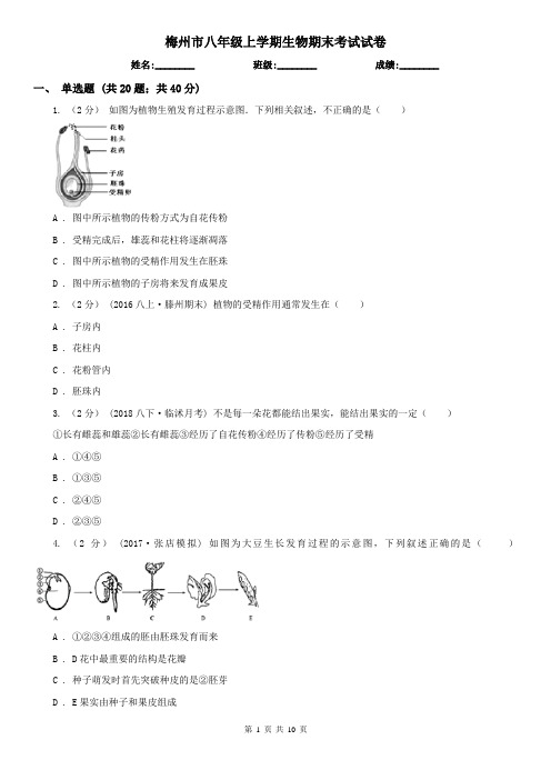 梅州市八年级上学期生物期末考试试卷