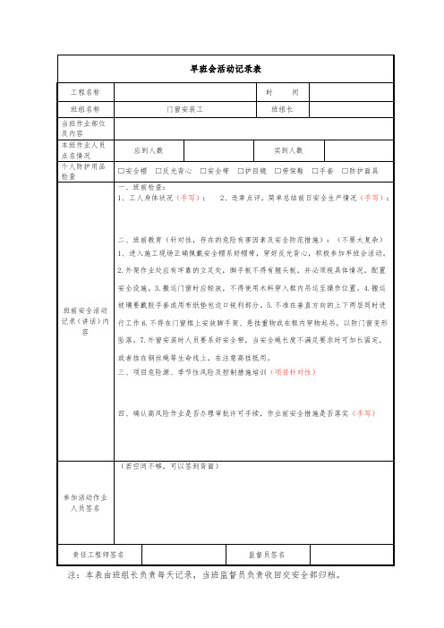 建筑施工门窗安装安全晨会记录