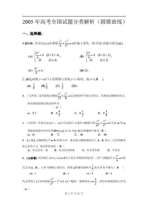 2005年高考全国试题分类解析(圆锥曲 线)