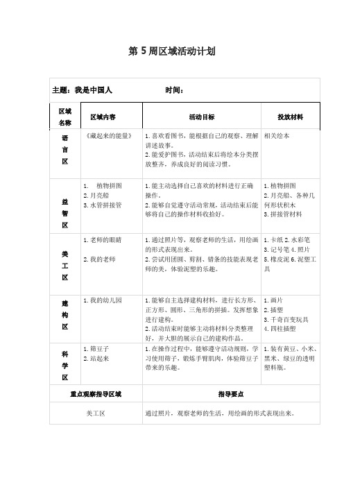 【幼儿园大班上学期】第5周区域活动计划