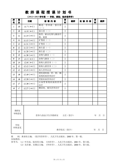 临床营养学授课计划书