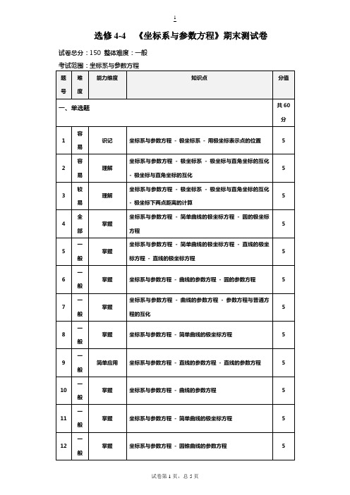 高中数学北师大版选修4-4期末考试卷(含答案解析)