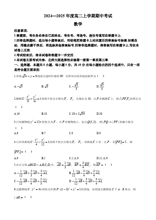 广东省部分名校2024-2025学年高二上学期期中联考数学试题(含解析)