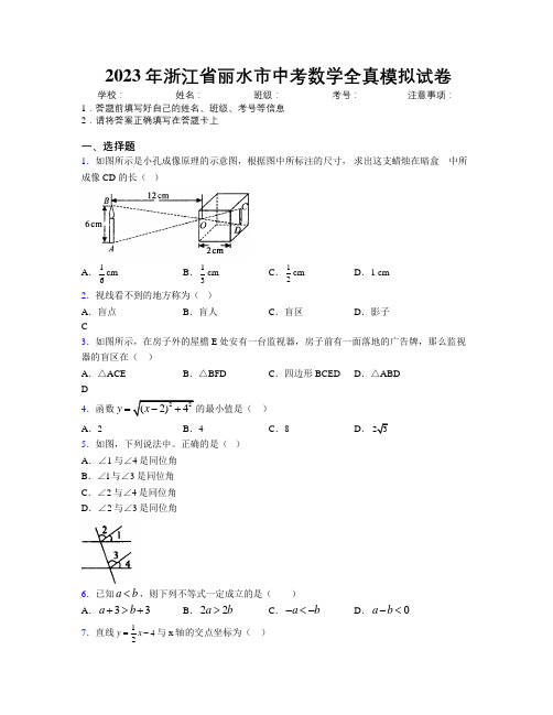 2023年浙江省丽水市中考数学全真模拟试卷附解析