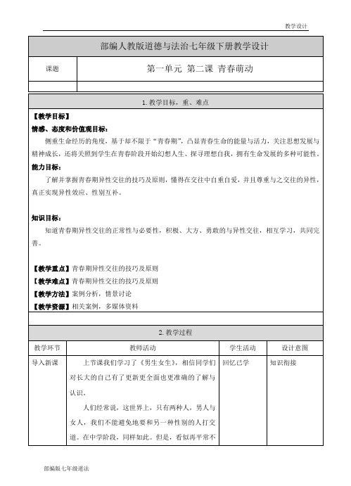 部编人教版《道德与法治》七年级下册-2.2  青春萌动 教案