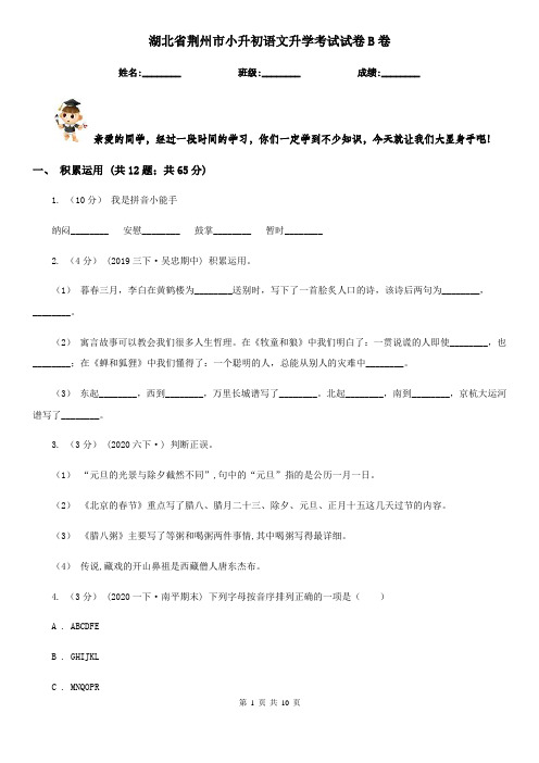 湖北省荆州市小升初语文升学考试试卷B卷