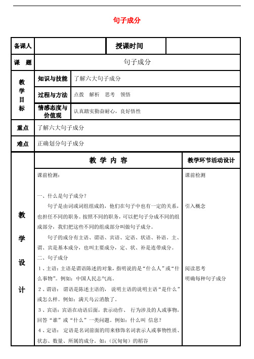 河北省武邑中学高中语文 句子成分教案 新人教版必修1