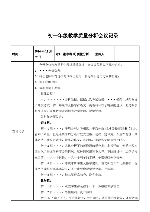 初一年级教学质量分析会议记录、总结