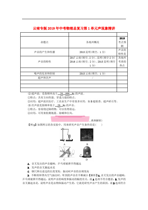 云南专版2019年中考物理总复习第1单元声现象精讲