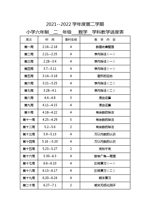 二年级数学进度表