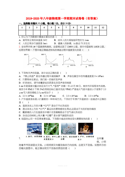 2019-2020年八年级物理第一学期期末试卷卷(有答案)