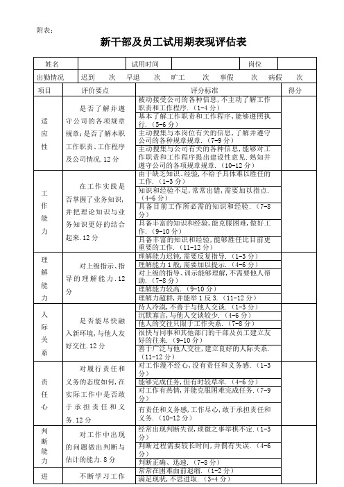 新员工试用期表现评估表文档范例