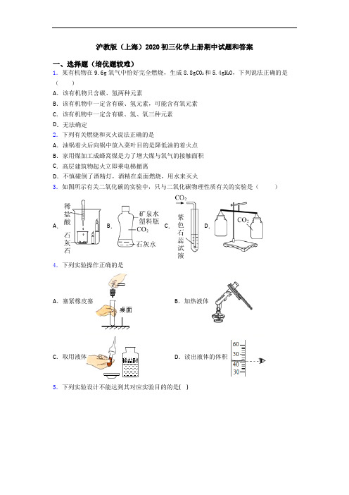 沪教版(上海)2020初三初三化学上册期中试题和答案