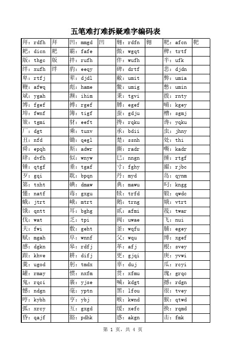 五笔难打难拆疑难字编码表