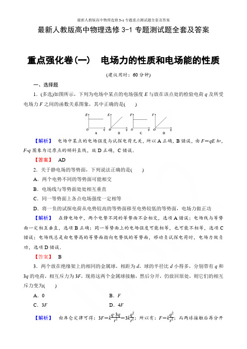 最新人教版高中物理选修3-1专题重点测试题全套及答案