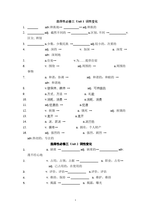 新译林版高中英语新教材选择性必修三重点单词词性变化汇总(含答案)