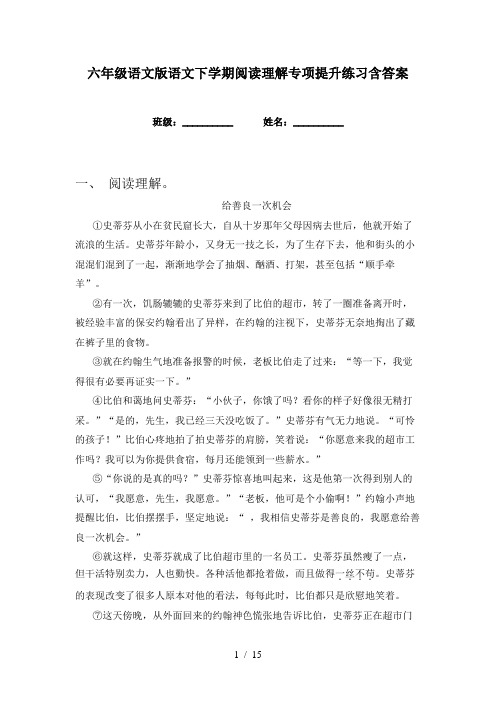 六年级语文版语文下学期阅读理解专项提升练习含答案