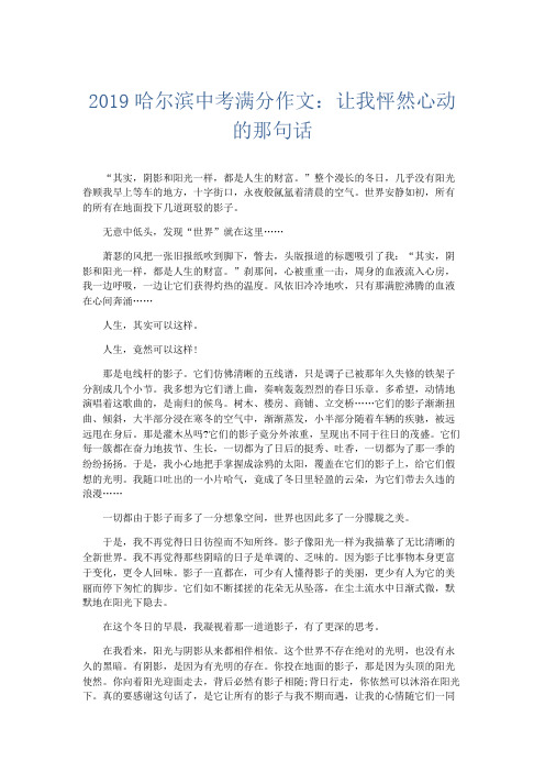 初中作文 2019哈尔滨中考满分作文：让我怦然心动的那句话-精品