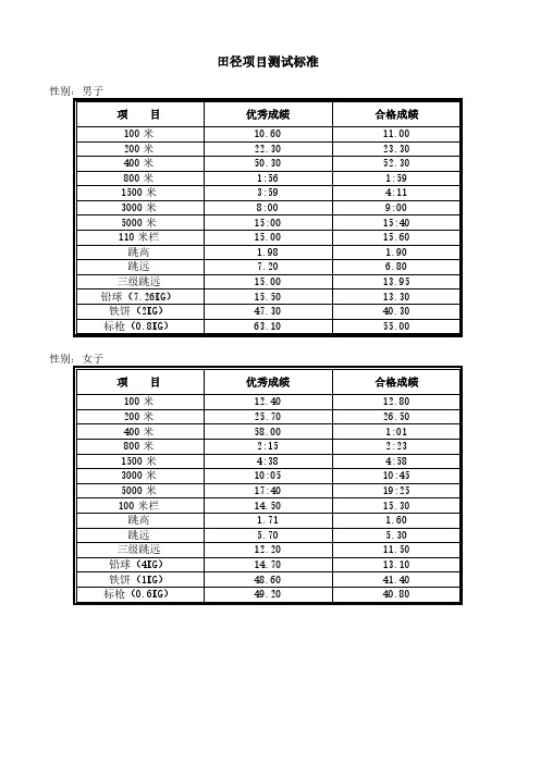 田径项目测试标准