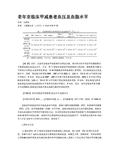 老年亚临床甲减患者血压及血脂水平