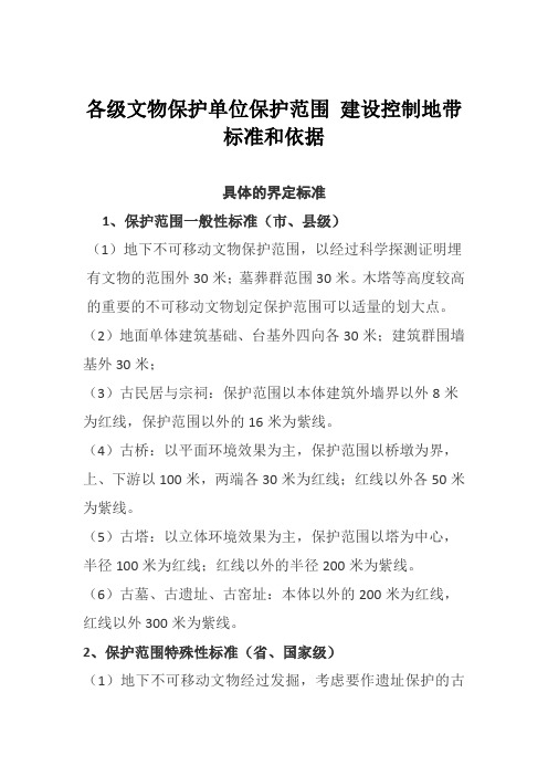 各级文物保护单位保护范围、建控地带标准和依据