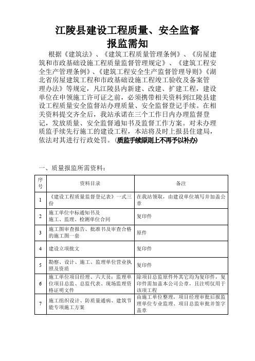 报监表格质量安全监督登记表开工核验表报监需知