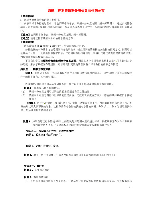 湖北省监利县第一中学高中数学 2.2样本的频率分布估计总体的分布导学案(无答案)新人教版必修3