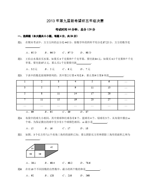 2013年第九届新希望杯数学竞赛五年级决赛试卷和答案详解