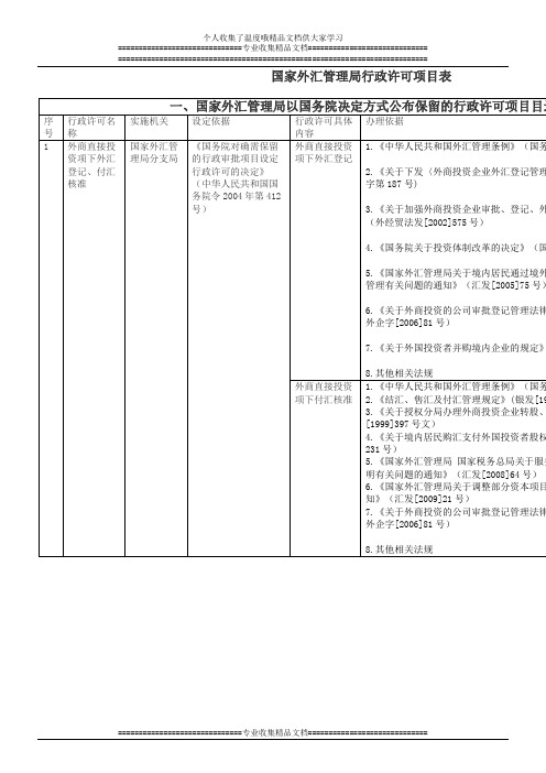 国家外汇管理局行政许可项目表