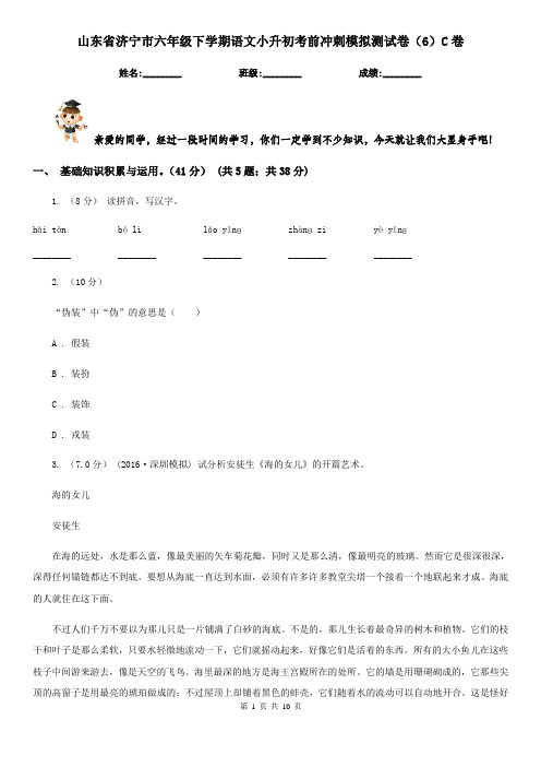 山东省济宁市六年级下学期语文小升初考前冲刺模拟测试卷(6)C卷