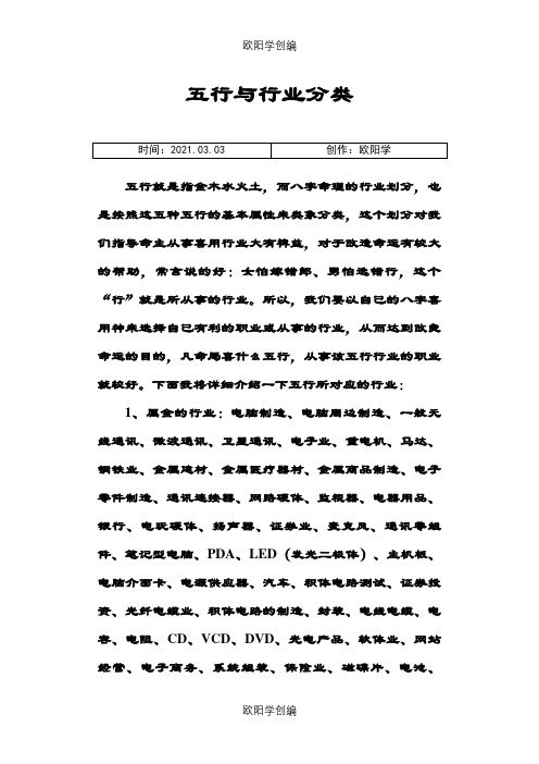 五行与行业分类之欧阳学创编