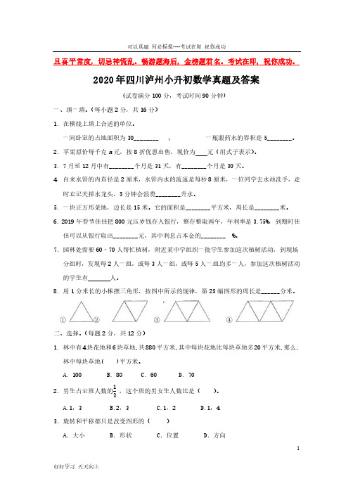 2020年四川泸州小升初数学真题及答案-完整版