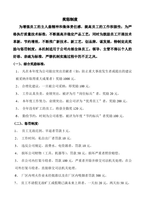 某家具公司员工奖惩制度