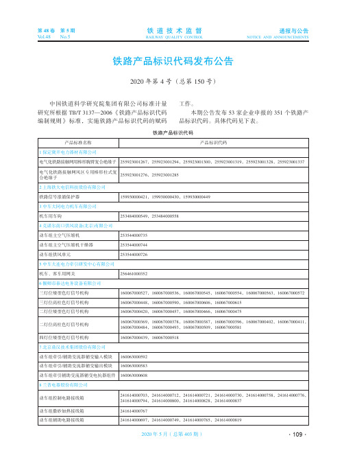 铁路产品标识代码发布公告 2020年第4号(总第150号)