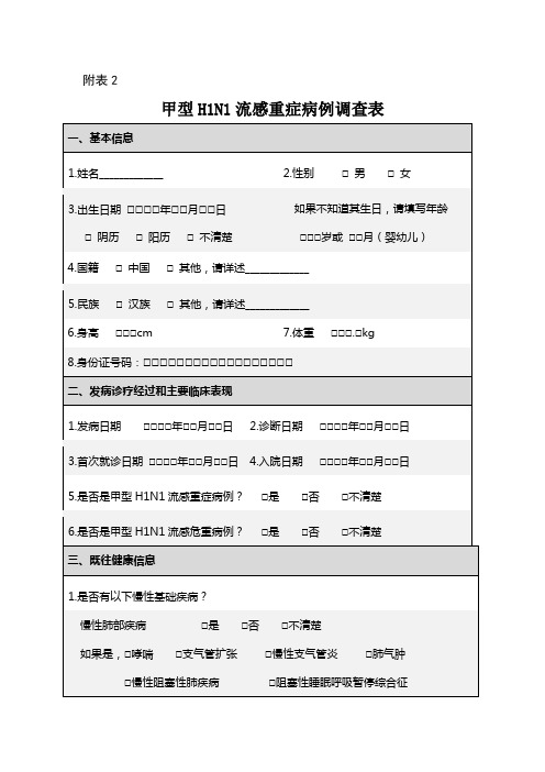 甲型H1N1流感重症病例调查表