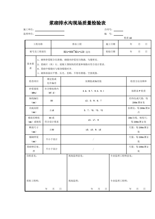 浆砌排水沟现场质量检验表