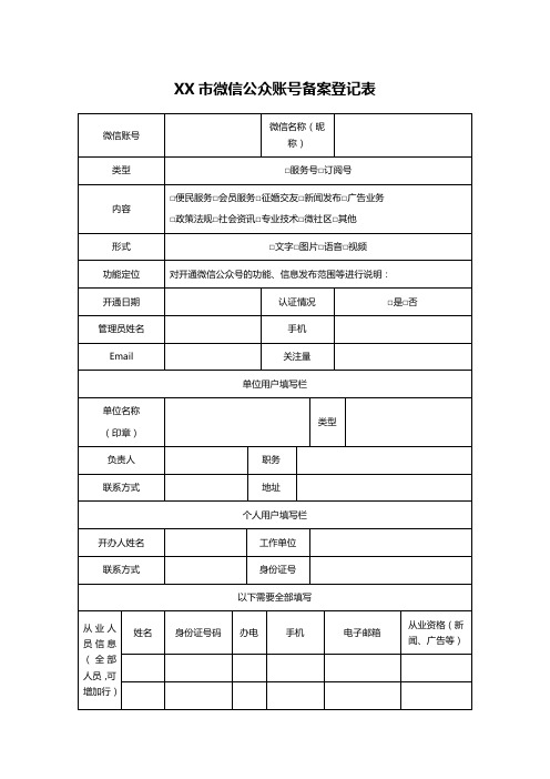 XX市微信公众账号备案登记表