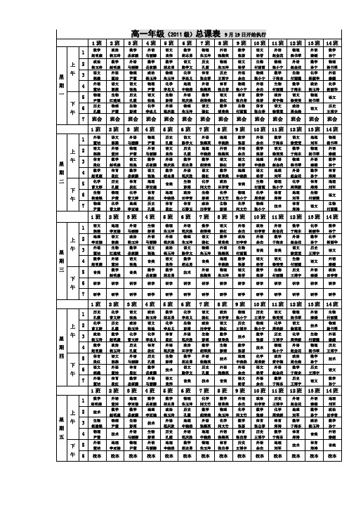 高一年级(2011级)总课表9月19日开始执行