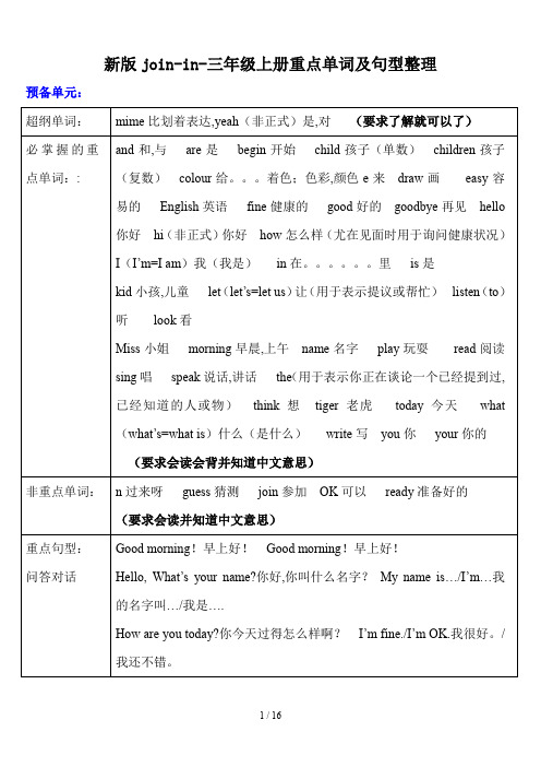 新版join-in-三年级上册重点单词及句型整理