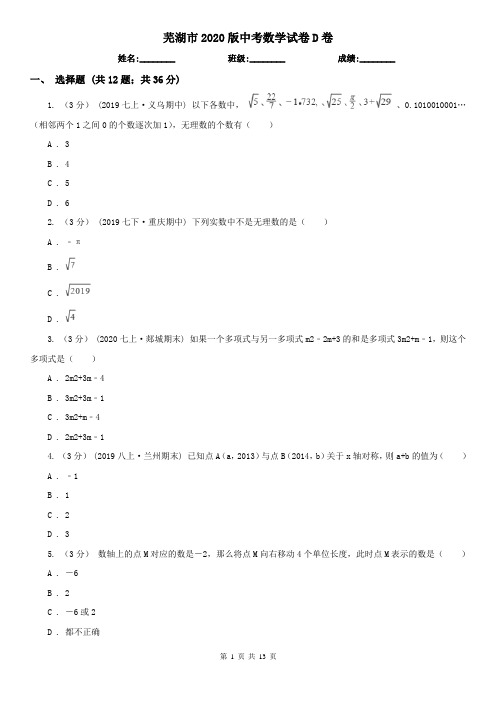 芜湖市2020版中考数学试卷D卷